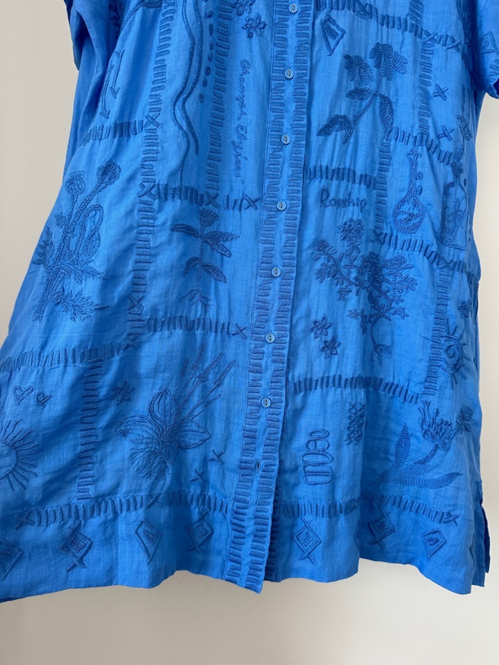Johnny Was Bright Blue Embroidered Button-Front Tunic - Picture 2 of 9